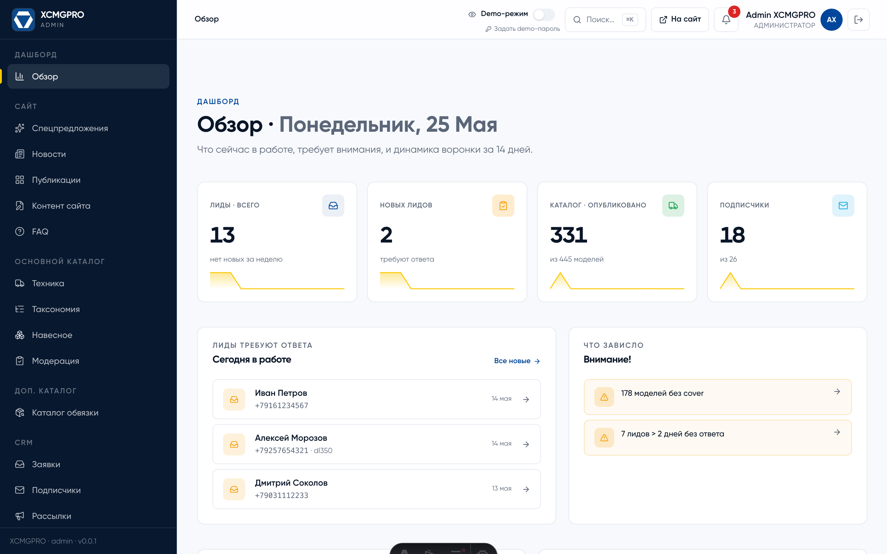 Дашборд с live-KPI и лентой активности